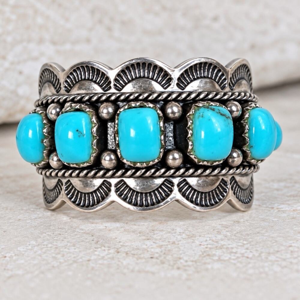 Turquoise Sterling Silver Cigar Band Ring Multi Stone Stamped Native Style 8.75